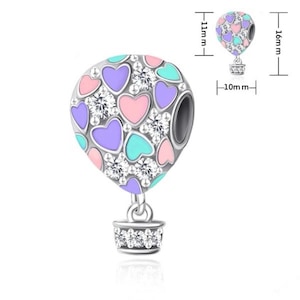 Rainbow heart hot air balloon charm, sparkling balloon charm, 100% real sterling silver s925 charm for european bracelets, necklace pendant