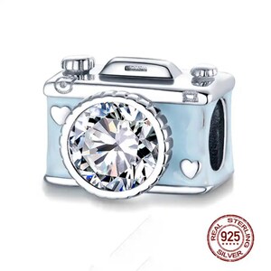 Sparkling camera charm, blue camera photography charm, sterling silver s925 cubic zircon charm for european bracelets, necklace pendant