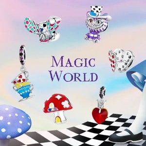 Alice in wonderland charms - cheshire cat, mad hatter, clock, mushroom, queen of hearts, sterling silver s925 charms for european bracelets