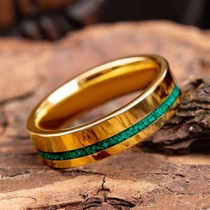 Minimalist Gold wedding band with Green Malachite, Simple wedding band gold, Ring for man, Gold ring, Tungsten ring, Engagement ring, Ring