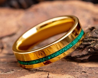 Minimalist Gold wedding band with Green Malachite, Simple wedding band gold, Ring for man, Gold ring, Tungsten ring, Engagement ring, Ring