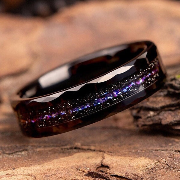 Orion Nebula wedding band, Meteorite ring, Forever Ring, Unique wedding band, Hammered black tungsten ring, wedding ring, Ring for man, Ring