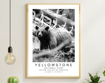 Yellowstone National Park Art Print - Yellowstone Park Wall Art - US National Park Decor - Mountain Park Wall Art - Black And White Minimal