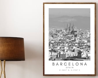 Barcelona Skyline Travel Print, Barcelona Poster, Unique Wallart Decor, Sagrada Familia, Barcelona Black and White Coordinates Home Decor