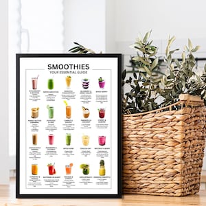 Póster Smoothies Your Essential Guide - Las 20 mejores recetas de batidos con imágenes - Arte de pared de cocina