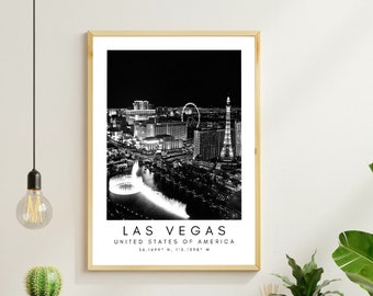 Las Vegas Travel Print, Vegas Poster, Unique Wallart Decor, Las Vegas Skyline, Nevada Black and White Coordinates, United States Travel Art