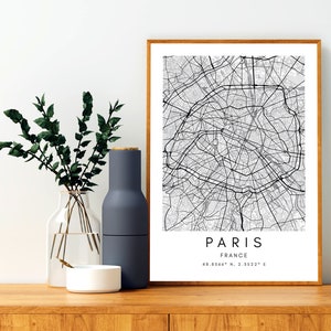 Paris France Minimalist Map Poster Print - Paris Street Map Print - Paris Map Wall Art Printable - Paris Wall Decor Print - Noir et Blanc