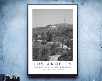 Los Angeles Print, LA Poster, Unique Wallart Decor, Hollywood, Los Angeles Black and White Coordinates, United States Travel Art