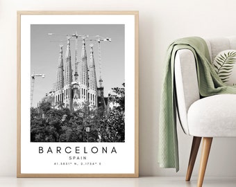 Barcelona Travel Print, Barcelona Poster, Unique Wallart Decor,  La Sagrada Familia, Barcelona Black and White Coordinates Home Decor