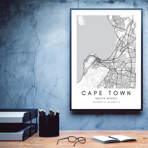 Arte de parede do mapa da Cidade do Cabo - Arte do mapa da cidade para impressão - Presente do mapa de ruas da Cidade do Cabo - Decoração de arte de parede digital - Impressão de coordenadas em preto e branco