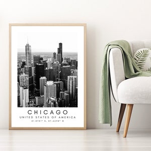 Stampa di Chicago, poster di Chicago, decorazioni murali uniche, skyline di Chicago, coordinate in bianco e nero, design di arte murale degli Stati Uniti