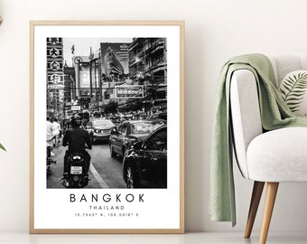 Bangkok Street Travel Print, Bangkok Poster, Unique Wallart Decor, Bangkok Temples, Bangkok Black and White Coordinates Home Decor, Thailand