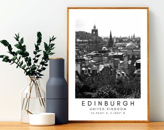 Edinburgh Travel Print, Scotland Poster, Unique Wallart Decor, Edinburgh Castle, Edinburgh Black and White Coordinates Home Decor, Scotland