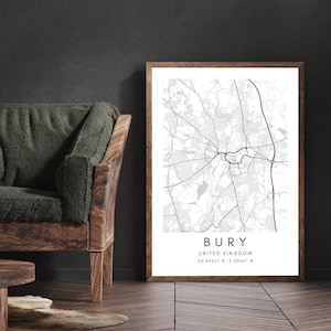 Bury United Kingdom Map Poster, UK Map Prints mit Koordinaten, Bury in der Nähe von Manchester Location Memory, gerahmte Karte in verschiedenen Größen