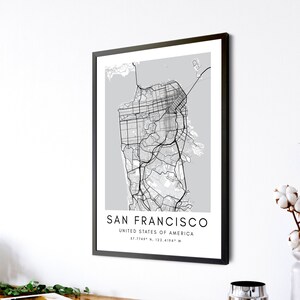 Impression d’art mural de carte de San Francisco - Impression de carte numérique de San Francisco en Californie - Décor cadeau de carte de San Francisco - Impressions de cartes minimalistes
