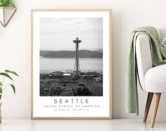 Seattle United States Art Poster - Seattle Wall Hanging Travel Print - Seattle Printable Wall Décor - Minimalist Travel Black And White