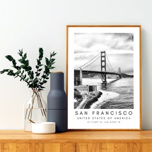 San Francisco Print, San Francisco Poster, Unique Wallart Decor, Golden Gate Bridge Black and White Coordinates, United States Travel Art