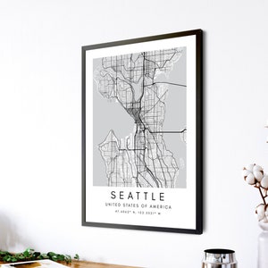 Seattle kaart afdrukbare Wall Art - Seattle Washington kaart muur afdrukken - Seattle kaart Wall Art Gift Decor - minimalistische kaarten zwart en wit