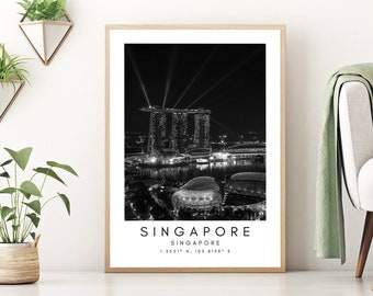 Singapore Print, Singapore Poster, Unique Wallart Decor, Marina Bay Sands Skyline Black and White Coordinates, Singapore Travel Art