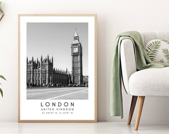 London City Print, London Poster, Unique Wallart Decor, London Big Ben, London Black and White Coordinates, United Kingdom Travel Art