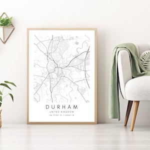 Impresión minimalista de mapas de la ciudad de Durham - Arte de pared enmarcado - Regalo de obras de arte de mapas del Reino Unido - Impresión de mapas enmarcados de Durham – Mapa de coordenadas minimalistas del Reino Unido