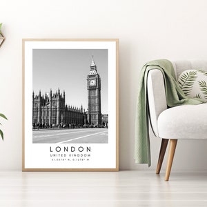 London City Print, London Poster, Unique Wallart Decor, London Big Ben, London Black and White Coordinates, United Kingdom Travel Art image 1