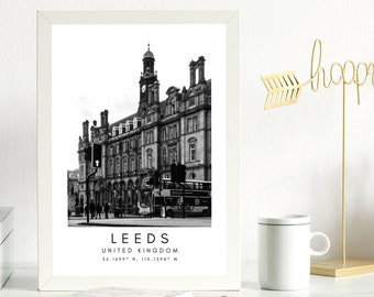 Leeds City Print, Leeds Poster, Unique Wallart Decor, Leeds Skyline, Leeds Black and White Coordinates, United Kingdom Travel Art