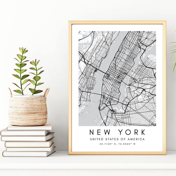 New York City Map Print - Minimalist Map Decor Art - City Wall Art With Coordinates, Black and White Framed Poster