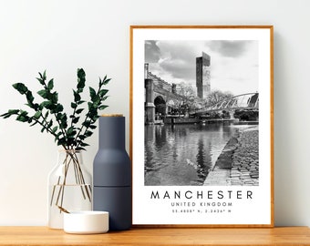 Manchester Print, Manchester Poster, Unique Wallart Decor, Manchester Black and White Coordinates, United Kingdom Wallart