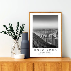 Hong Kong Skyline Travel Print, HK Poster, Unique Wallart Decor, Hong Kong Skyline, Hong Kong Black and White Coordinates Home Decor