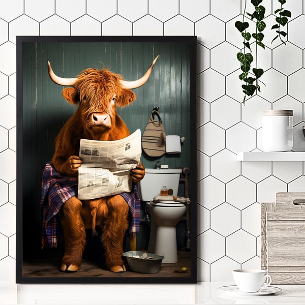 Highland Cow on the Toilet Poster - Bathroom Wall Art - Animal Home Decor in a Variety of Sizes