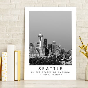 Seattle Washington Skyline Art - Arte de pared imprimible de EE. UU. - Arte moderno de la pared de América - Impresión de carteles de Seattle EE. UU. - Coordenadas en blanco y negro