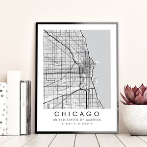 Pôster de arte do mapa de Chicago - Impressão digital de Chicago Decoração de parede - Arte para impressão do mapa de Chicago - Arte de pôster de mapa emoldurado da cidade