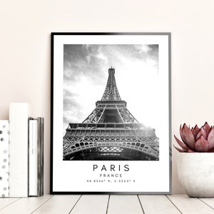 Paris, France Travel Print, Paris Poster, Unique Wallart Decor, Paris Eiffel Tower Black and White Coordinates, France Wall Art Design image 1