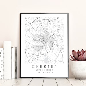 Arte minimalista de la pared de la ciudad de Chester - Arte del mapa del Reino Unido - Regalo de arte enmarcado de Chester - Arte minimalista de la pared del mapa - Mapa de coordenadas de Chester