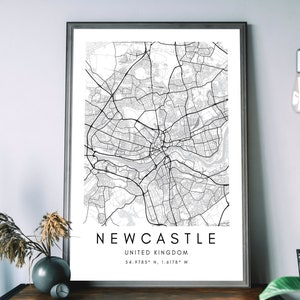 Impressão de mapa de Newcastle - Impressão de arte de parede de Newcastle - Obra de arte de decoração de Newcastle - Arte de mapa para impressão de Newcastle - Mapas minimalistas do Reino Unido