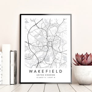 Wakefield Minimalist Home Decor Map Print - Reino Unido Wakefield Map Wallart – Wakefield West Yorkshire enmarcado mapa arte regalo - Impresión de coordenadas