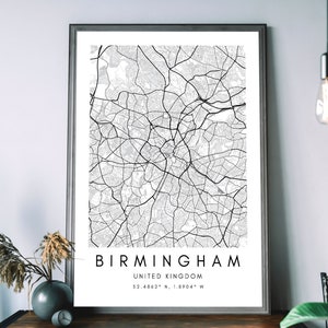 Impressão artística do mapa de Birmingham - Presente personalizado de mapa da cidade de Birmingham - Mapa artístico de pôster de Birmingham Reino Unido - Pôster de mapa da cidade moderno - preto e branco