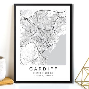 Affiche d'art carte de Cardiff - carte imprimable art déco mural - affiche d'art de Cardiff au Pays de Galles - impression carte d'art voyage - coordonnées noir et blanc