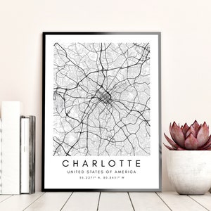 Carte minimaliste de Charlotte, art mural déco, carte de Charlotte en Caroline du Nord, affiche d'art, cadeau d'art mural imprimable, coordonnées des États-Unis