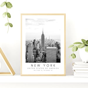 Impresión de Nueva York, Póster de Nueva York, Decoración única de Wallart, Coordenadas en blanco y negro del Empire State Building, Diseño de arte mural de los Estados Unidos