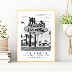 Las Vegas Travel Print, Vegas Poster, Unique Wallart Decor, Las Vegas Skyline, Nevada Black and White Coordinates, United States Travel Art image 1