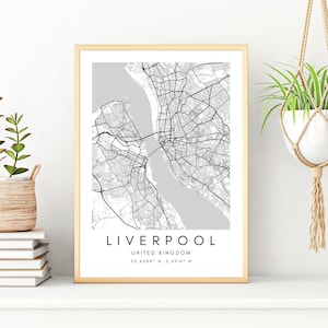 Impression d'art de la carte de Liverpool - art mural plan de la ville de Liverpool - oeuvre d'art de carte de Liverpool - art de carte de Liverpool Street - art mural carte minimaliste