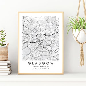 Impresión de mapa minimalista de Glasgow con coordenadas - Arte de pared del Reino Unido enmarcado - Regalo de arte de pared de mapa de Glasgow - Mapa minimalista Escocia - Variedad enmarcada