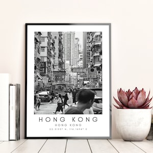 Hong Kong Streets Travel Print, HK Poster, Unique Wallart Decor, Hong Kong Skyline, Hong Kong Black and White Coordinates Home Decor