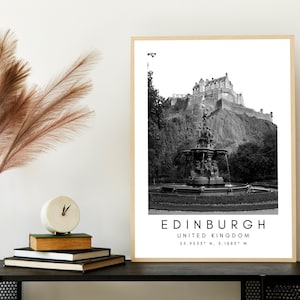 Edinburgh Travel Print, Scotland Poster, Unique Wallart Decor, Edinburgh Castle, Edinburgh Black and White Coordinates Home Decor, Scotland