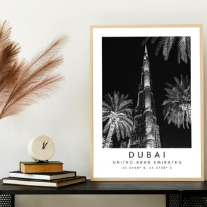 Dubai Travel Print, Dubai Poster, Unique Wallart Decor, Dubai Black and White Coordinates Home Decor, Burj Khalfia Wallart