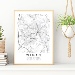 Wigan City Map Art - Inglaterra Wigan Minimalist Wall Art - Wigan Enmarcado Wall Art Gift - Reino Unido Wigan Map Wall Art - Coordenadas en blanco y negro