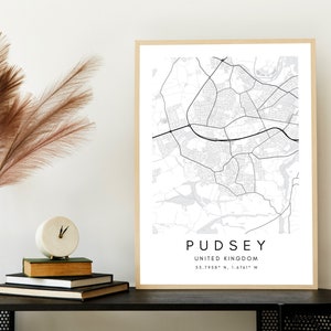 Arte de impresión de mapas minimalistas de Pudsey - Arte de mapas enmarcados de West Yorkshire Pudsey - Impresión enmarcada de calidad premium del Reino Unido - Coordenadas en blanco y negro