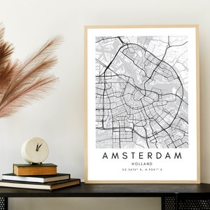 Impression d'art de carte d'Amsterdam - affiche de voyage d'art de carte d'Amsterdam - cadeau de carte de la ville d'Amsterdam - art de carte imprimable d'Amsterdam - impressions de carte minimalistes